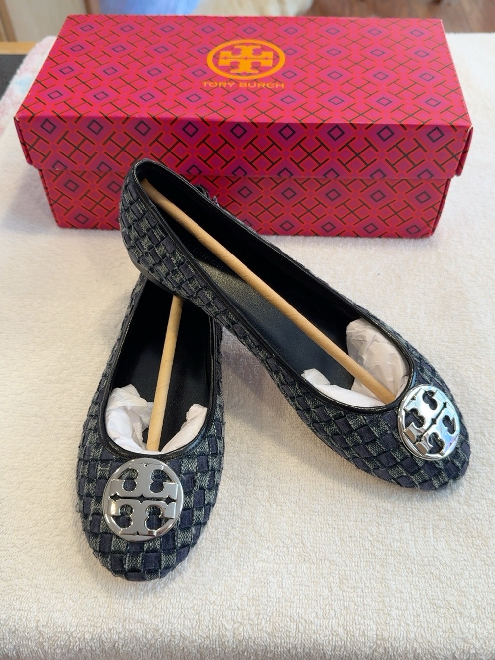 Tory Burch Chelsea Ballet Flats Braided Velvet Denim 8.5 NIB